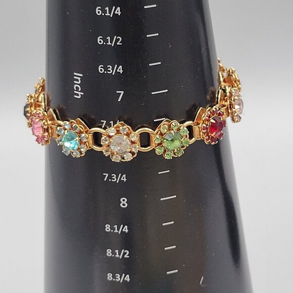 Vintage Gold Tone Tourmaline Stone Flower Link Bracelet Fold Over Clasp - Picture 8 of 8